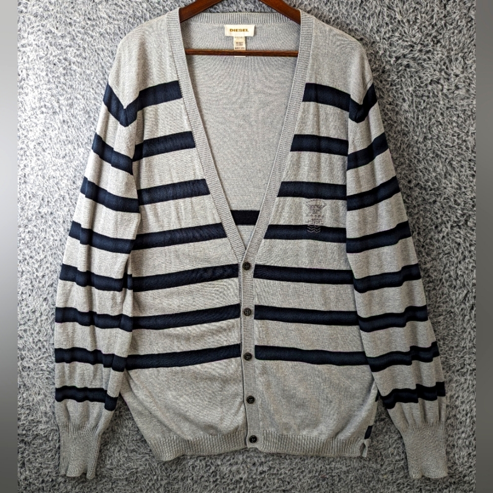 Diesel Cardigan Sweater Mens XXL Gray Striped Jumper Button Crest Logo Knit